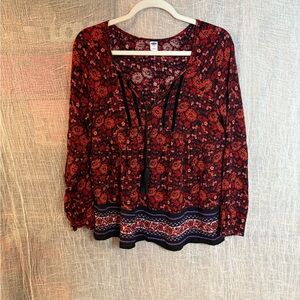 Old Navy Red Floral Blouse with Black Accents